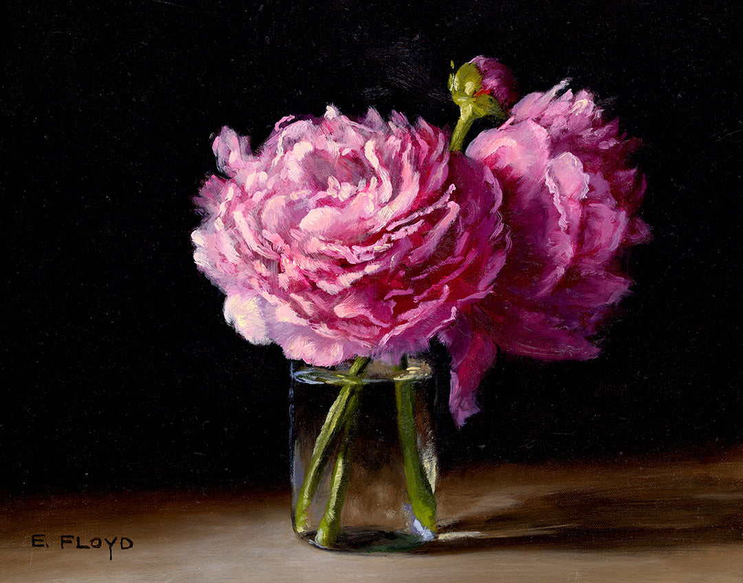 Two Peonies, framed oil painting, 11 x 14 inches
