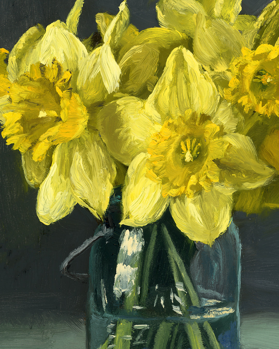 Daffodils on Blue Willow Plate, 10x8inches, Framed Oil Painting