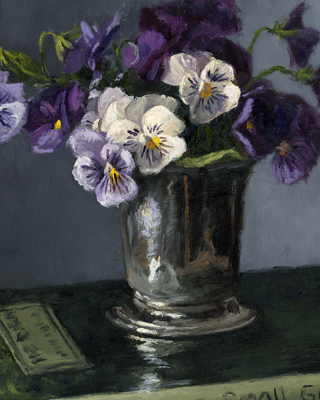Pansies and Book, 9x12 inches, Framed Oil Painting