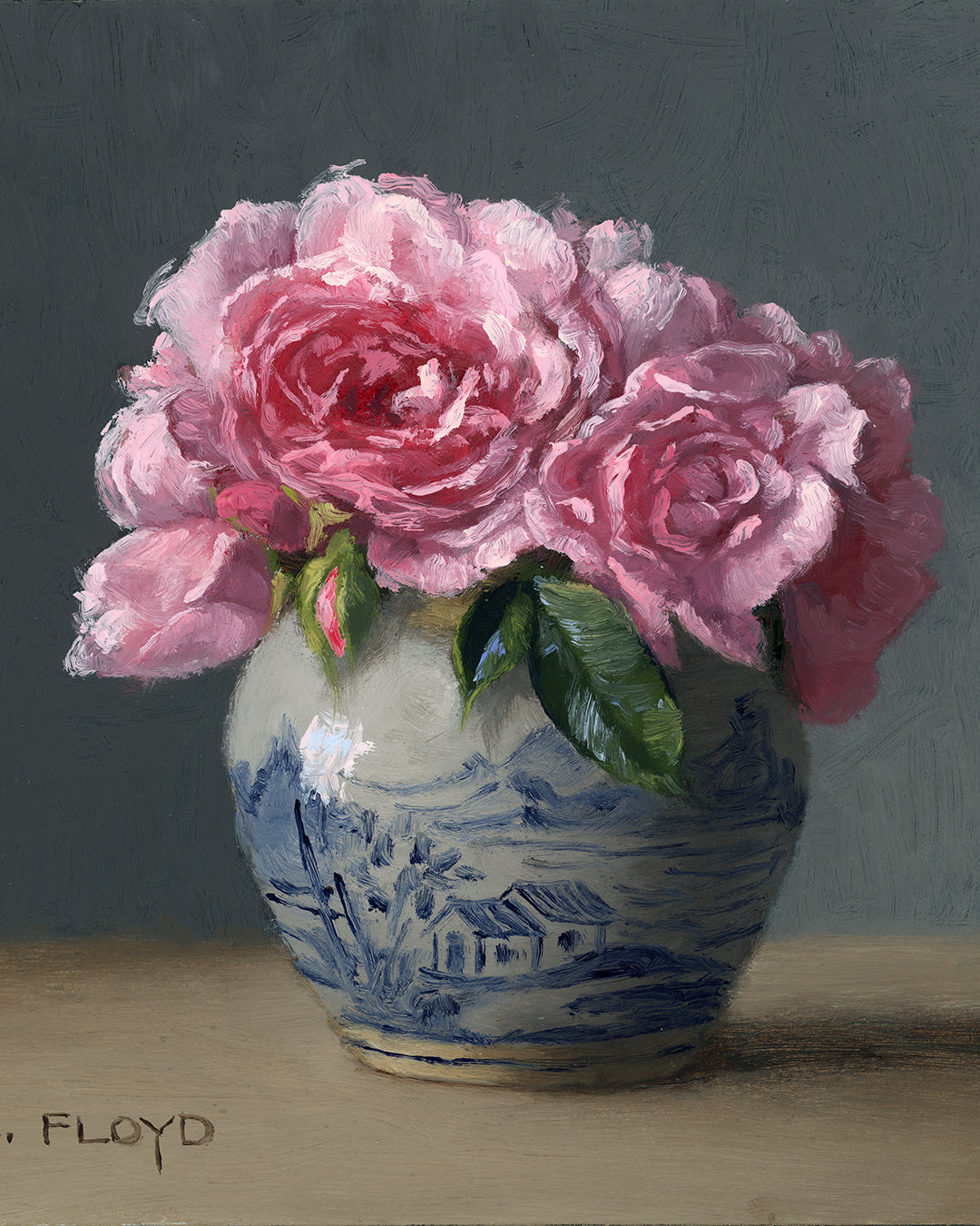 Roses in Ginger Jar, Framed Oil Painting, 8x8 inches