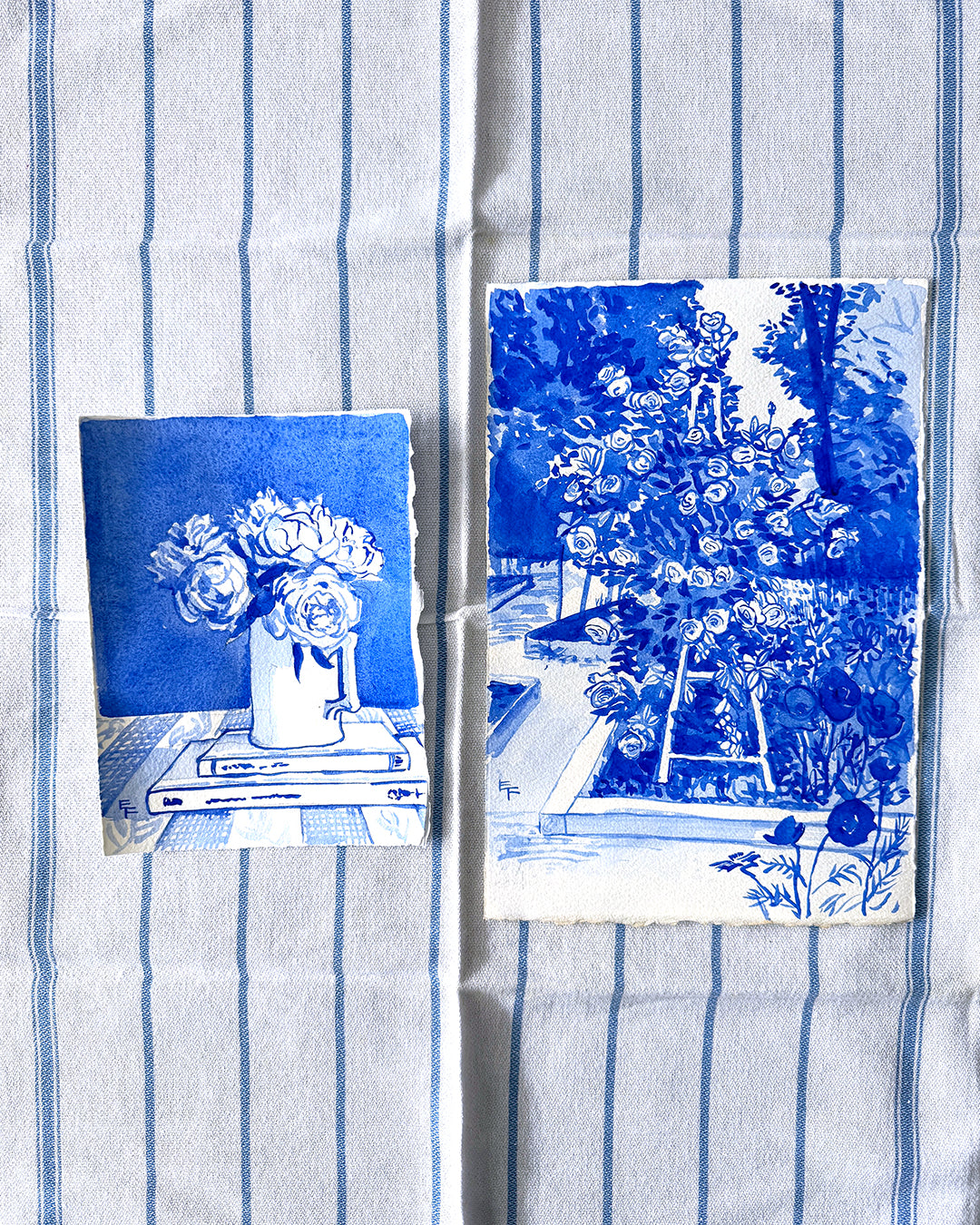 Rose Obelisk, Large Blue and White Watercolor, Unframed