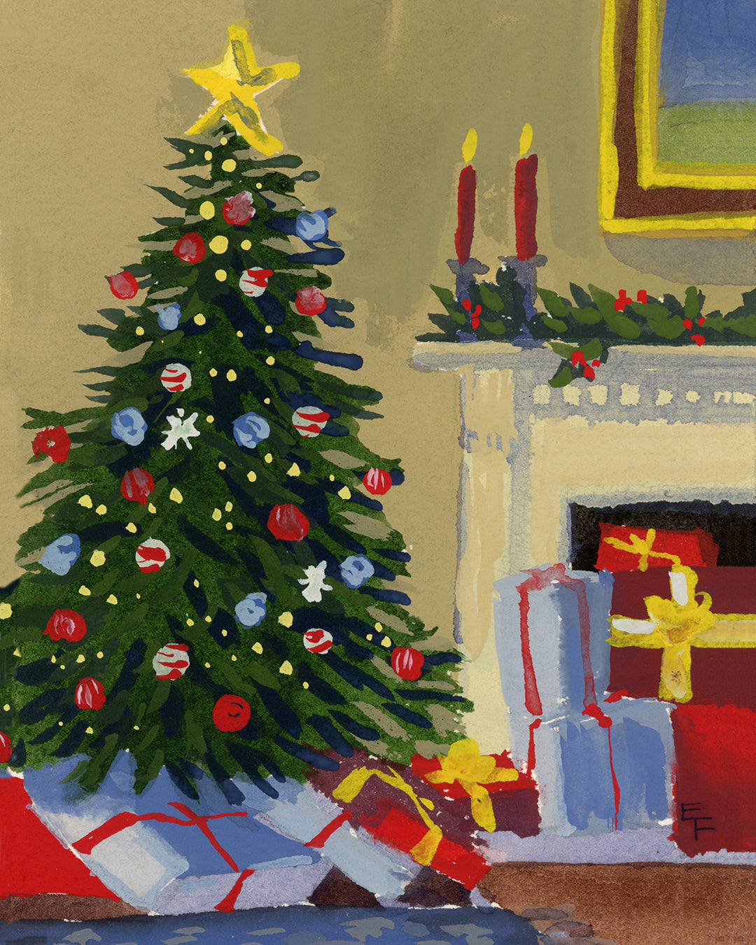 Christmas Tree and Candles Art Print on Textured Watercolor Matte Paper