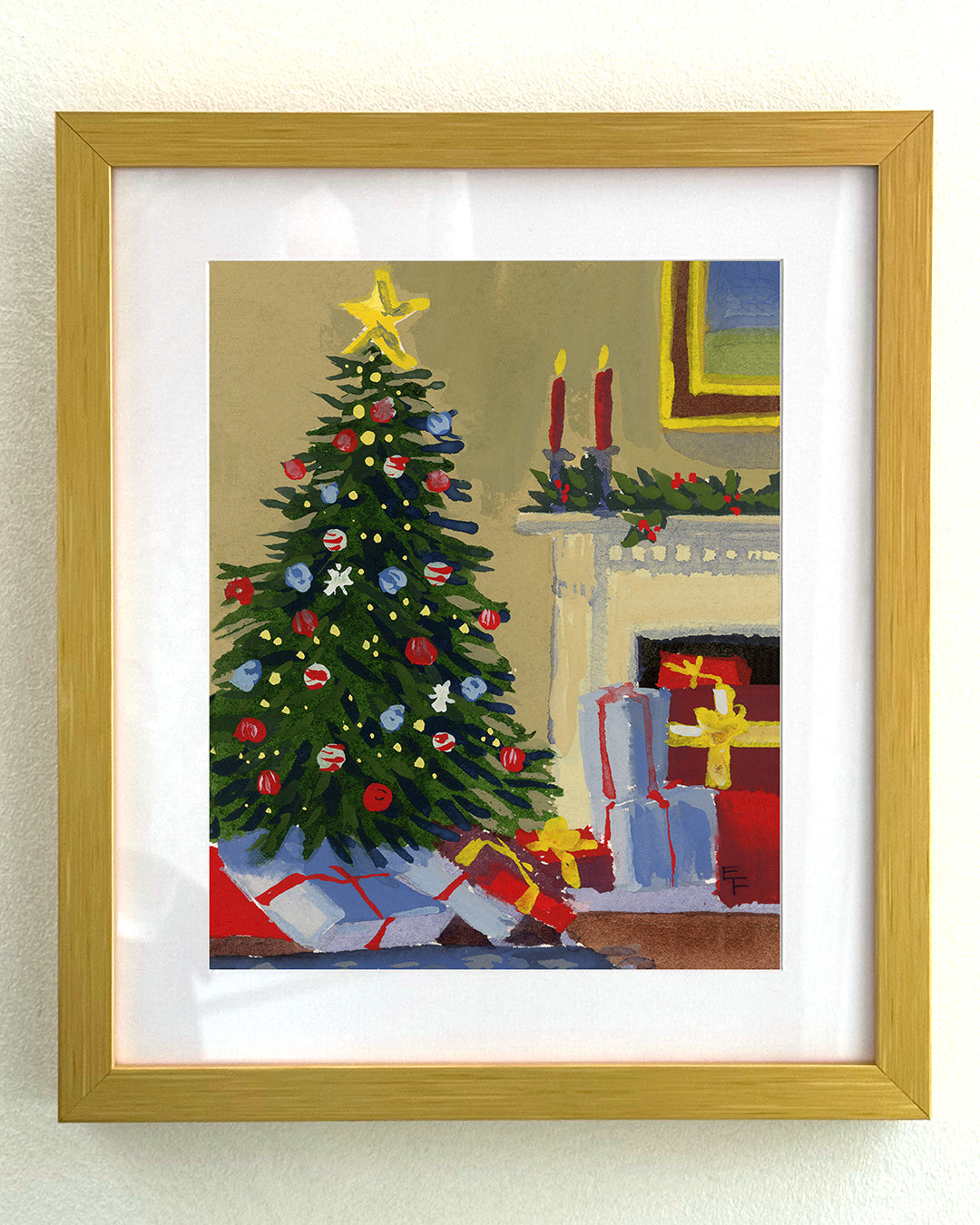 Christmas Tree and Candles Art Print on Textured Watercolor Matte Paper