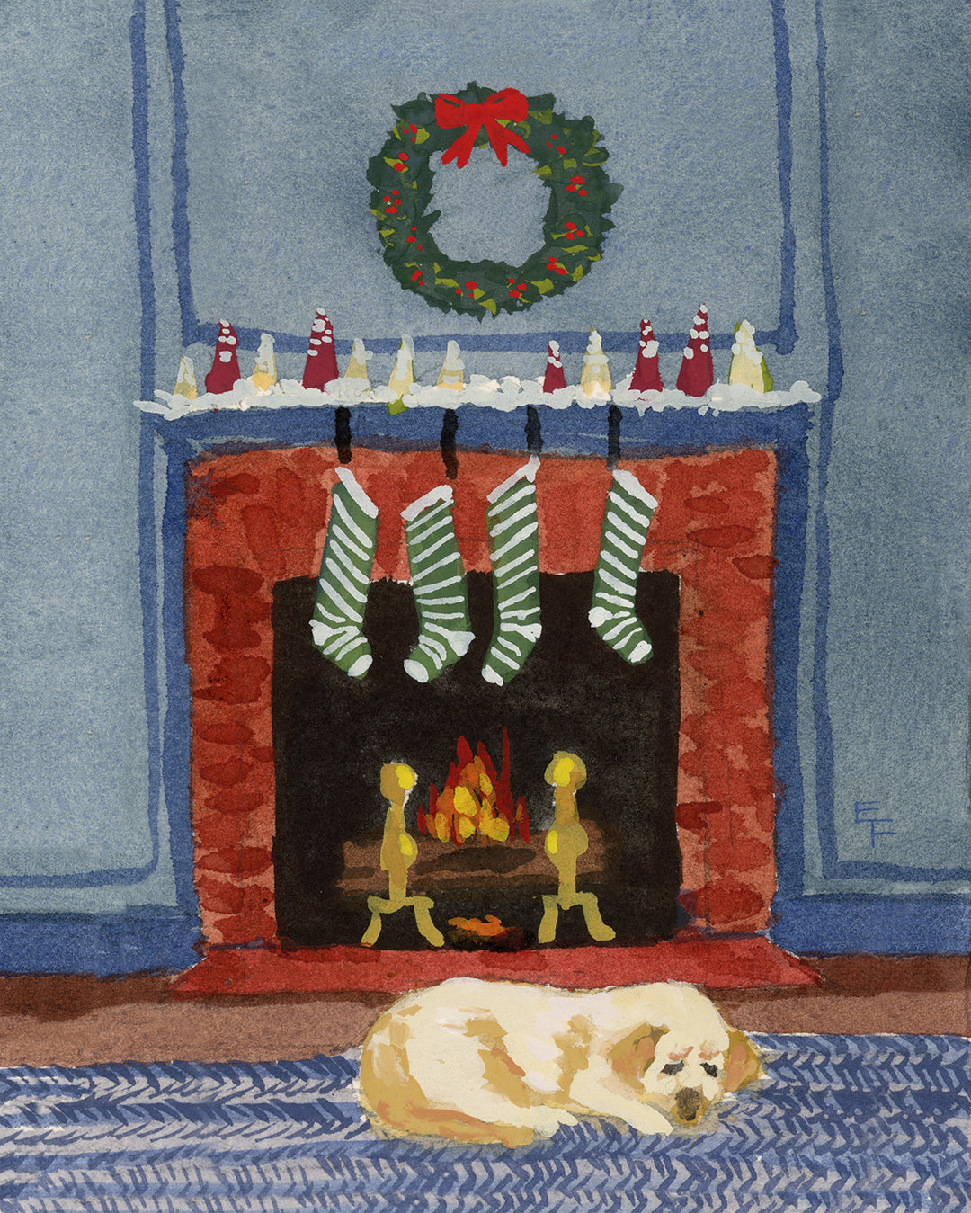Lab in Front of Fireplace Art Print on Textured Watercolor Matte Paper