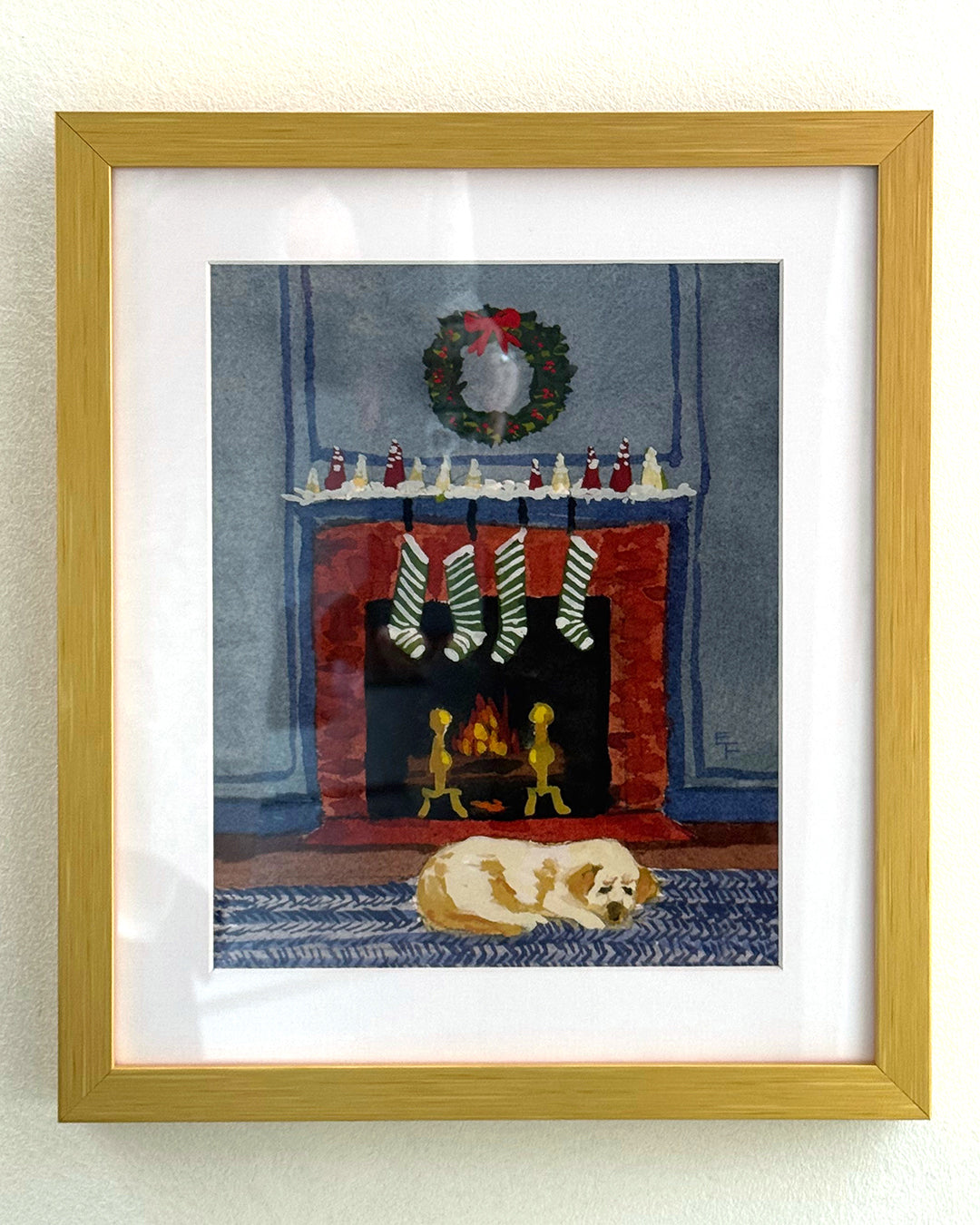 Lab in Front of Fireplace Art Print on Textured Watercolor Matte Paper