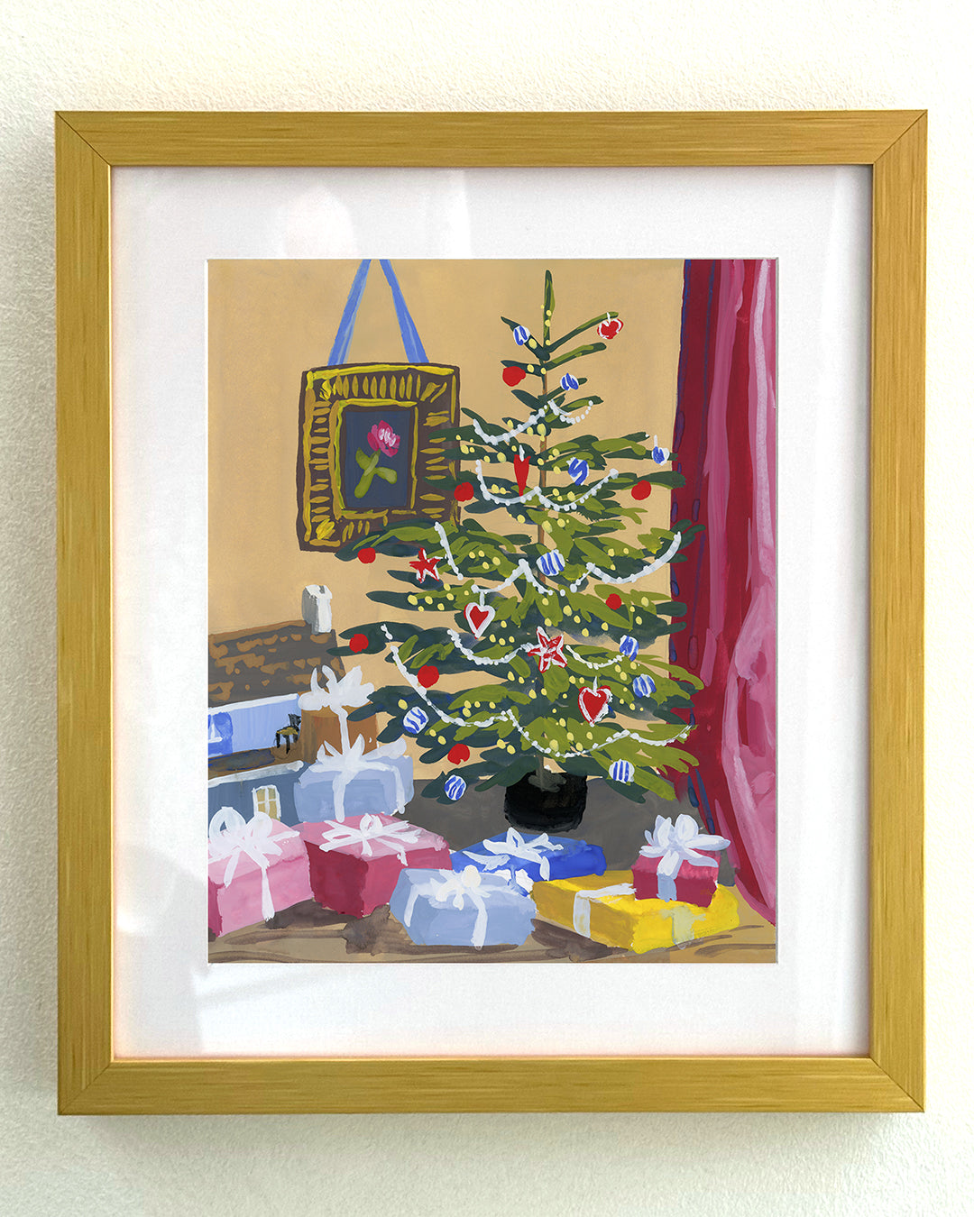 Christmas Tree with Dollhouse and Presents Art Print on Textured Watercolor Matte Paper