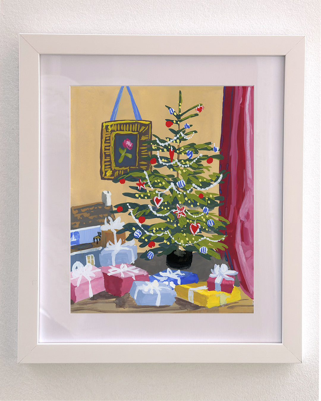 Christmas Tree with Dollhouse and Presents Art Print on Textured Watercolor Matte Paper