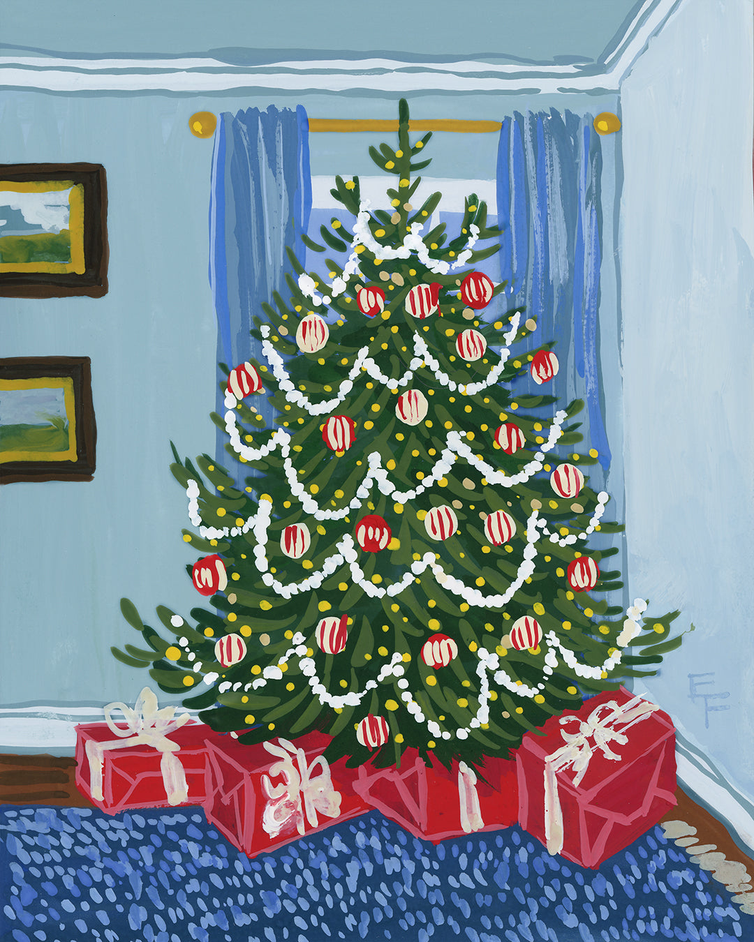 Christmas Tree in Blue Room Art Print on Textured Watercolor Matte Paper