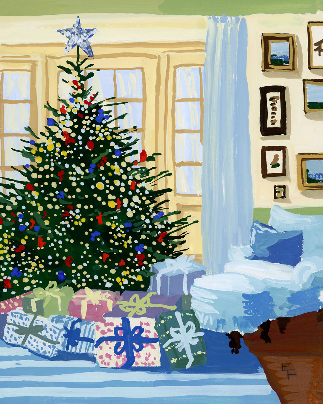 Christmas Tree in Sunlit Room Art Print on Textured Watercolor Matte Paper