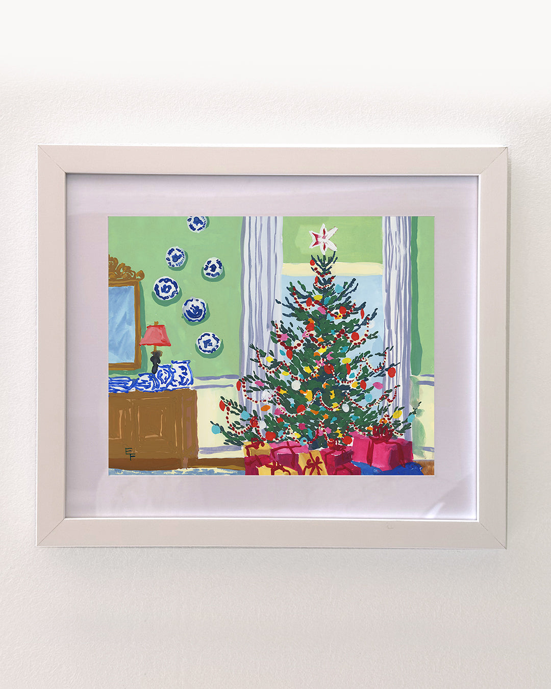 Christmas Tree with Blue and White Porcelain Art Print on Textured Watercolor Matte Paper