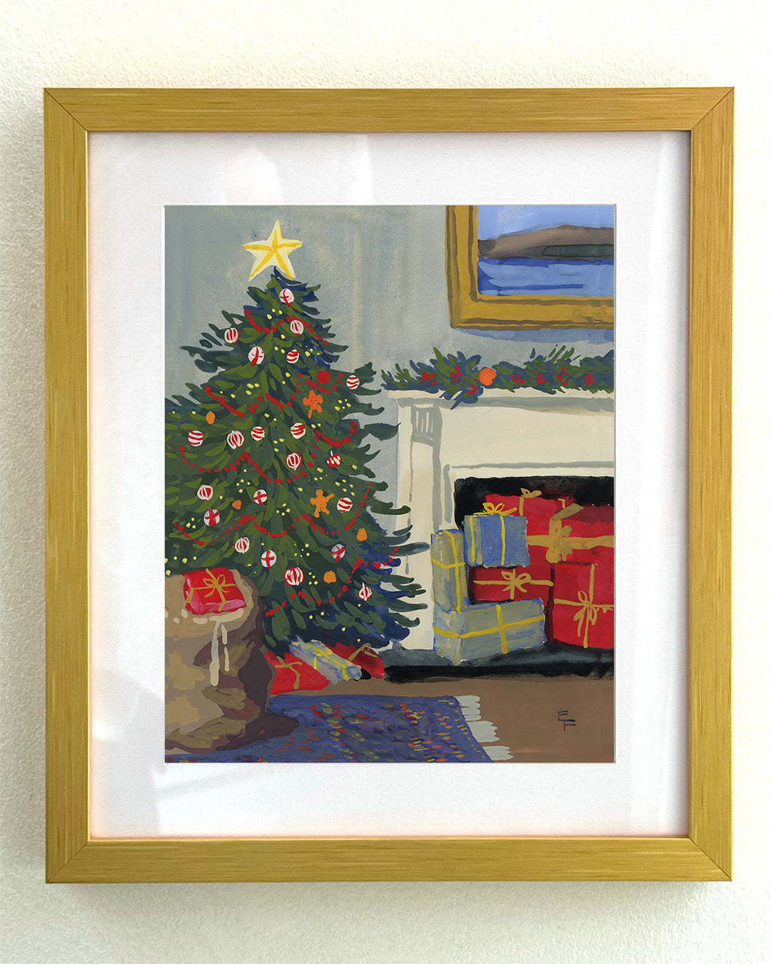 Christmas Tree with Presents Inside the Fireplace Art Print on Textured Watercolor Matte Paper