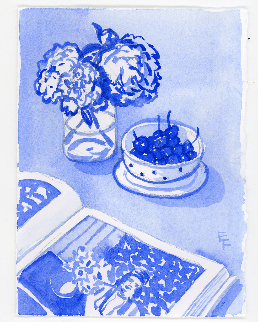 Peonies and Cherries, Blue and White Watercolor, Unframed