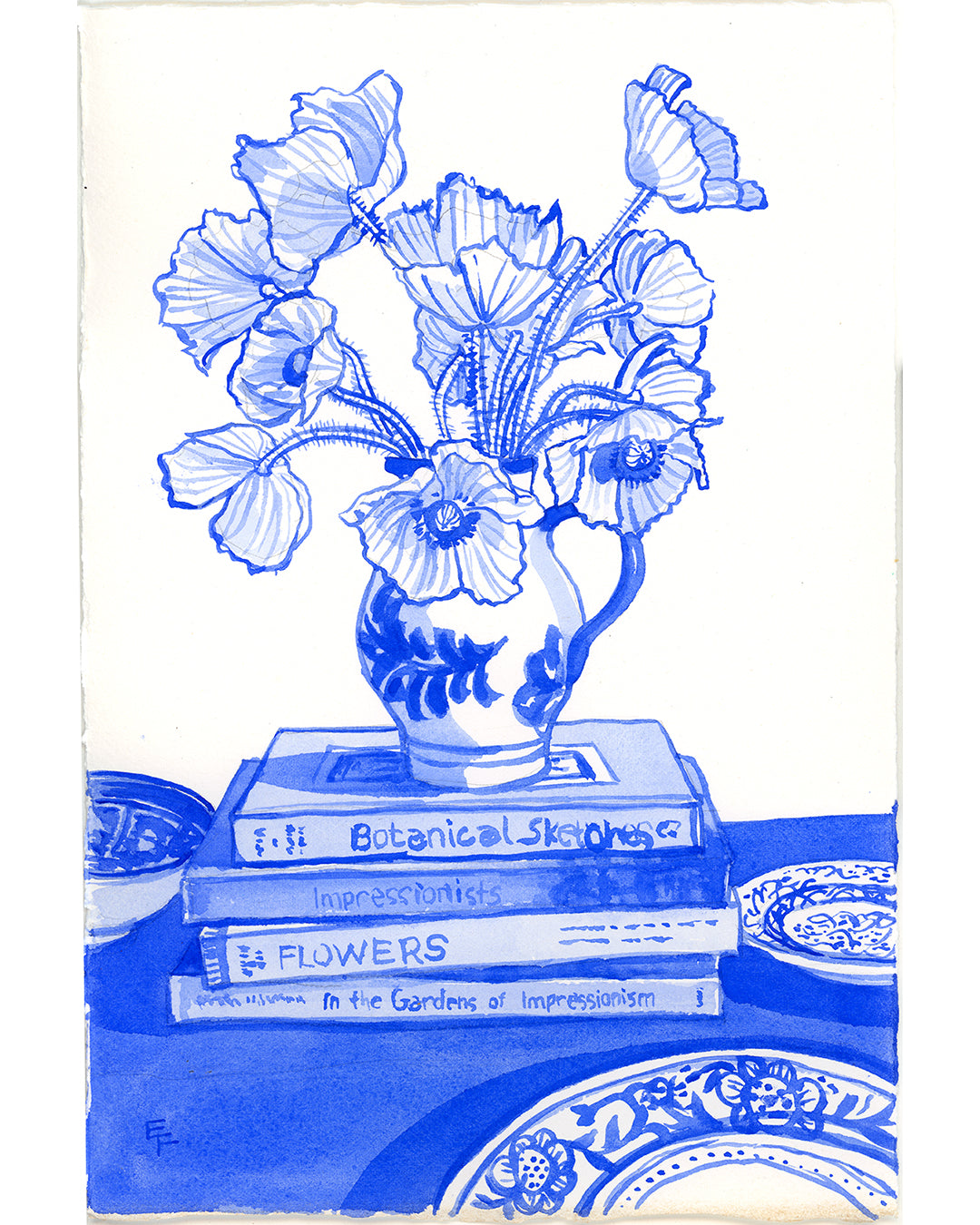 Poppies on Books, Blue and White Watercolor, Framed