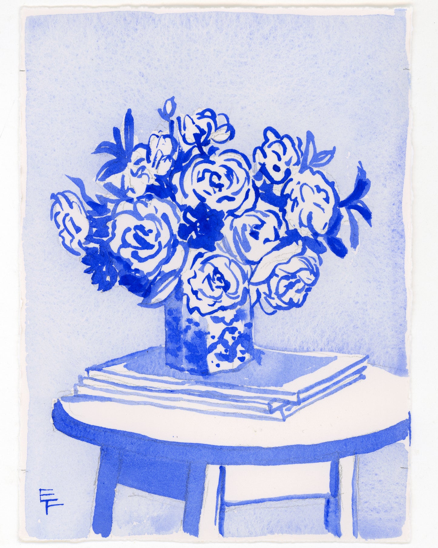 Roses and Magazines, Blue and White Watercolor, Unframed