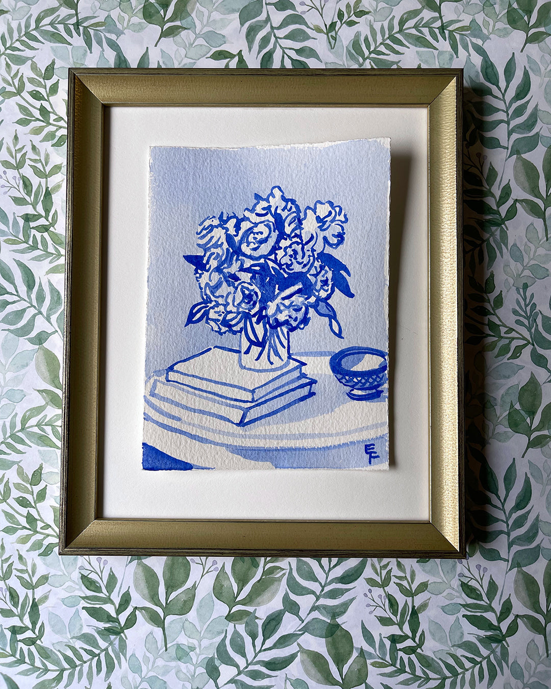 ROSES ON BOOKS WITH BOWL, BLUE AND WHITE WATERCOLOR, UNFRAMED