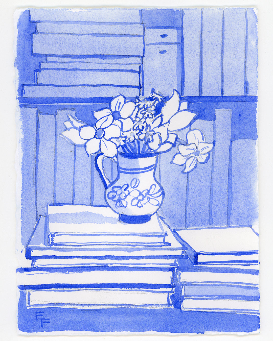 Spring Flowers on Bookshelf, Blue and White Watercolor, Unframed