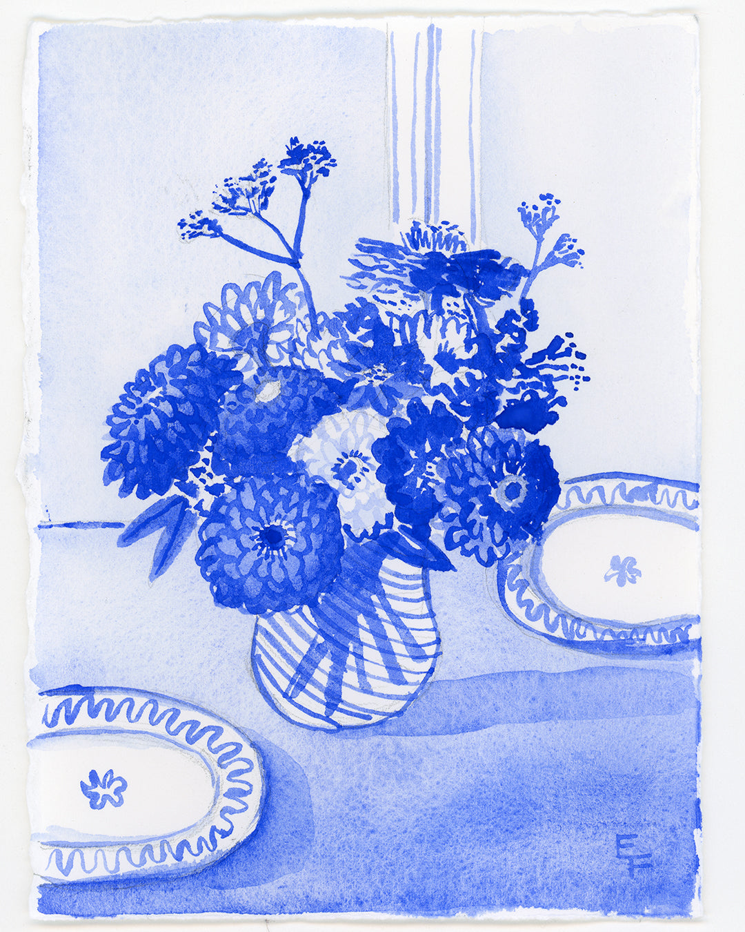 Zinnias on Table, Blue and White Watercolor, Unframed