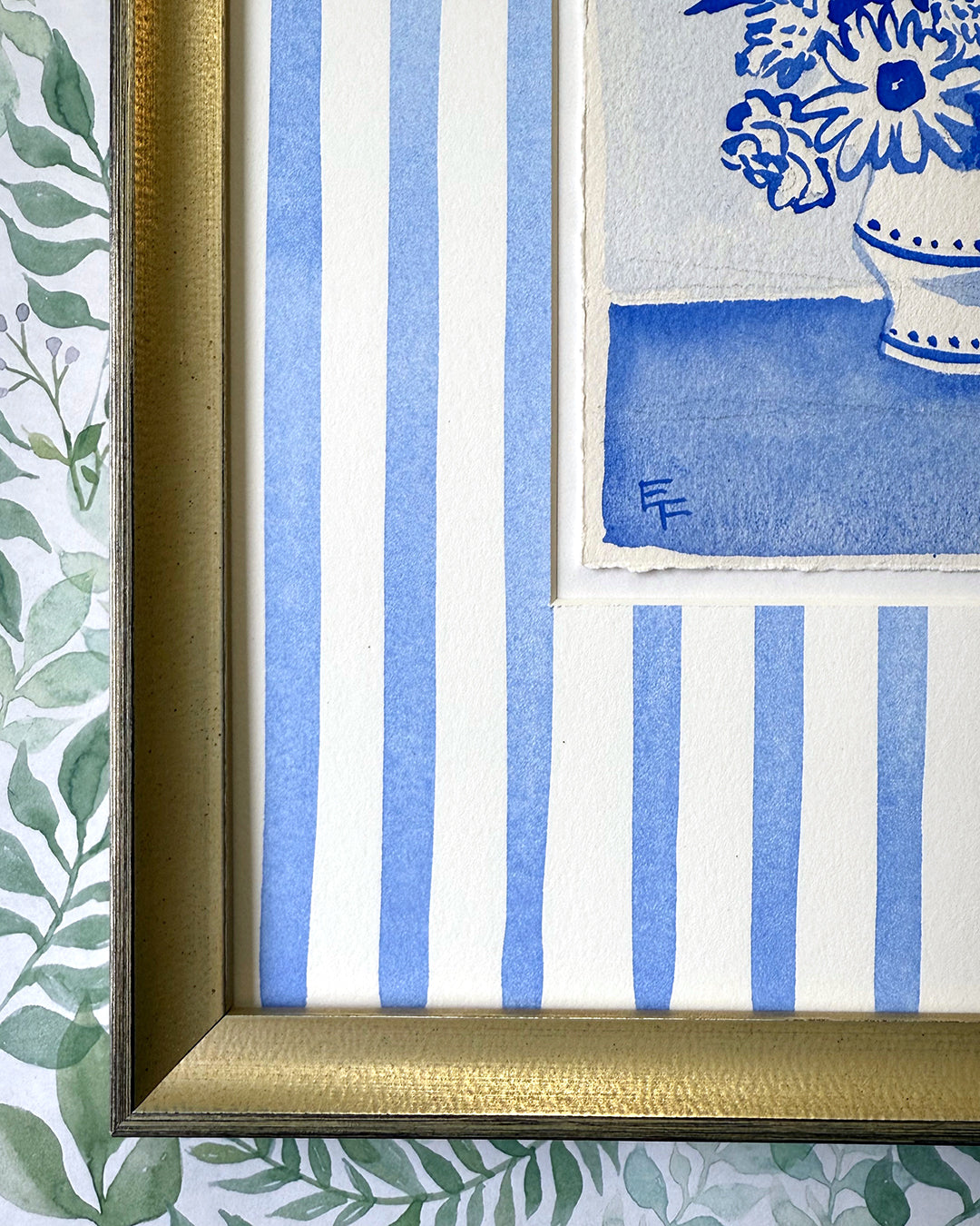 Mixed Bouquet, Blue and White Watercolor, Framed