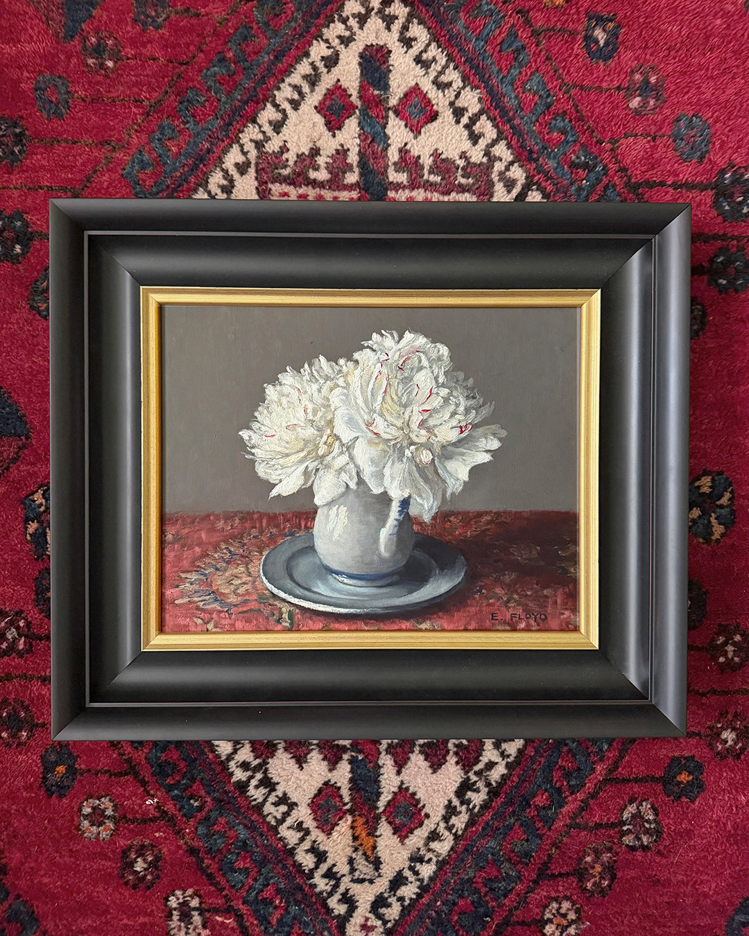 Peonies on a Pewter Plate, 11x14 inches, Framed Oil Painting