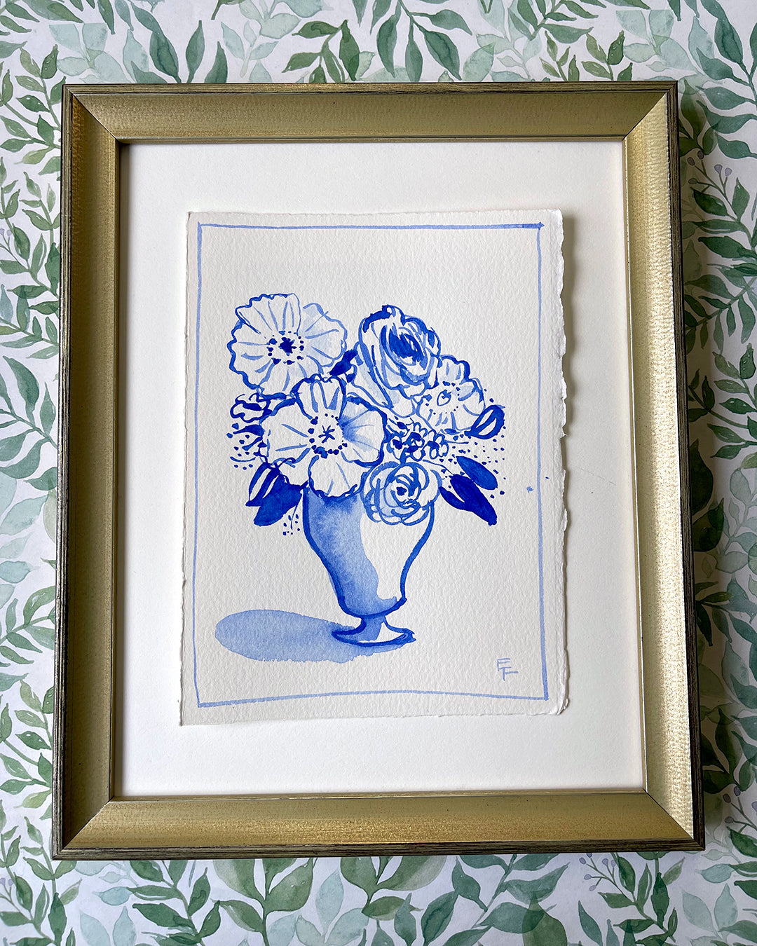 Poppies and Roses, BLUE AND WHITE WATERCOLOR, UNFRAMED