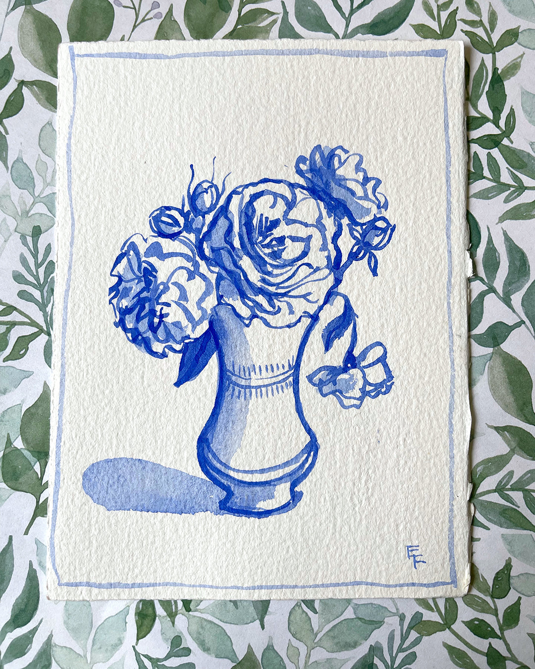 Roses in Tall Vase, unframed blue and white watercolor, 7.5 x 5.5 inches