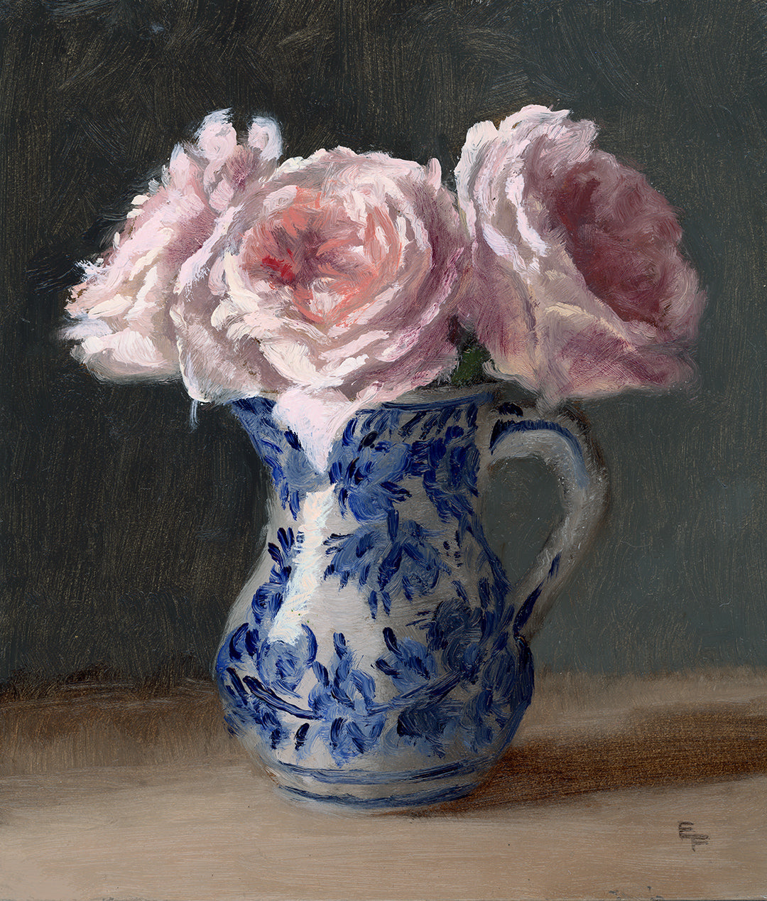 Three Roses in Delft Creamer, 8 x 7 inches, oil painting, framed