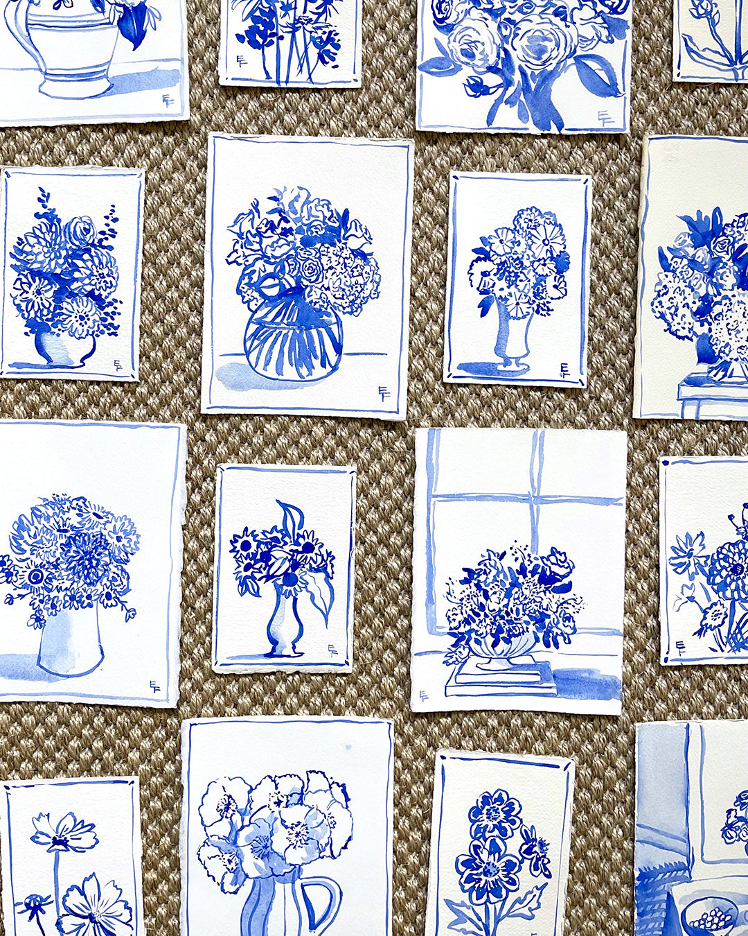 ROSES AT THE WINDOW, BLUE AND WHITE WATERCOLOR, UNFRAMED