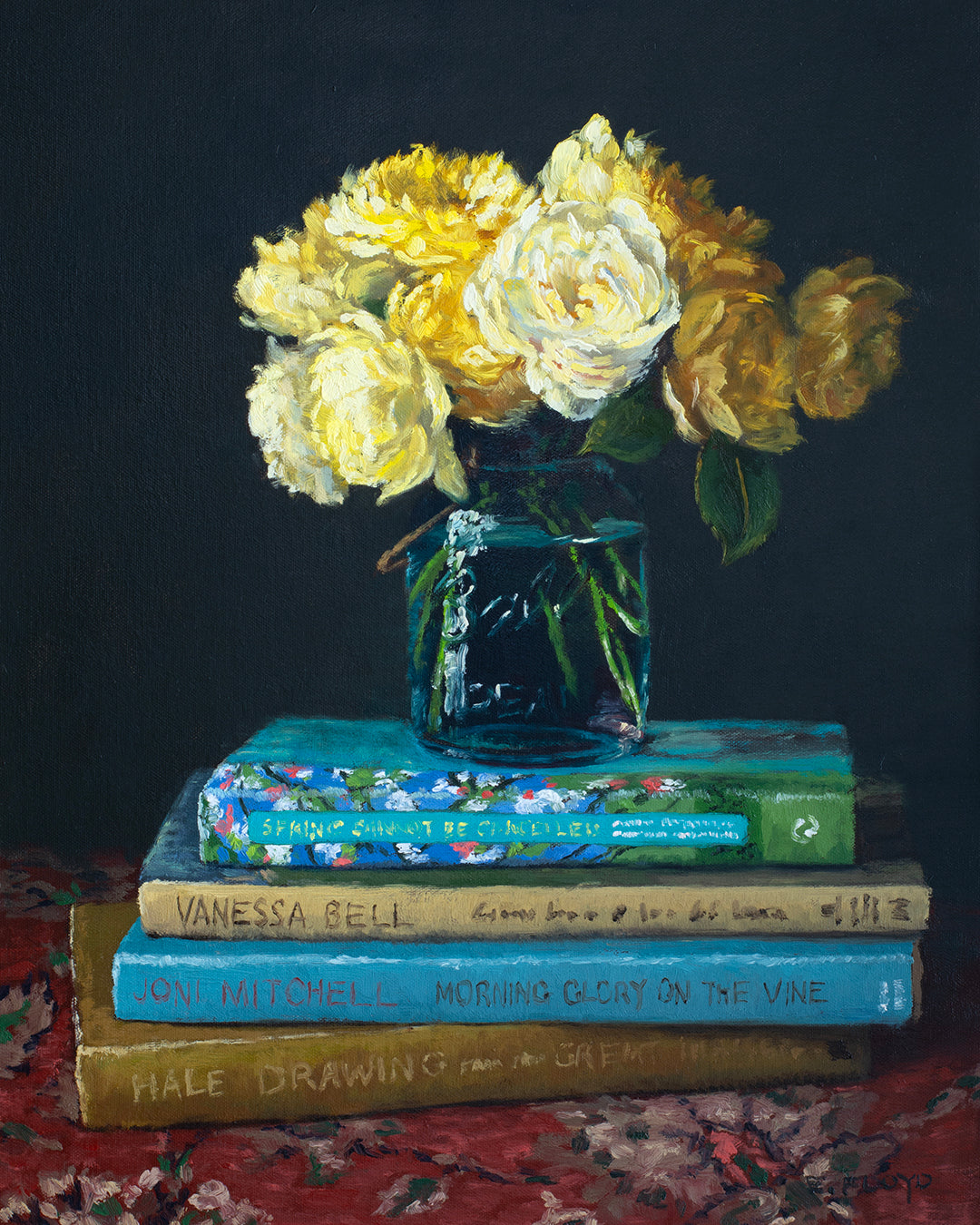 Yellow Roses on Stack of Books, framed oil painting, 20x16 inches