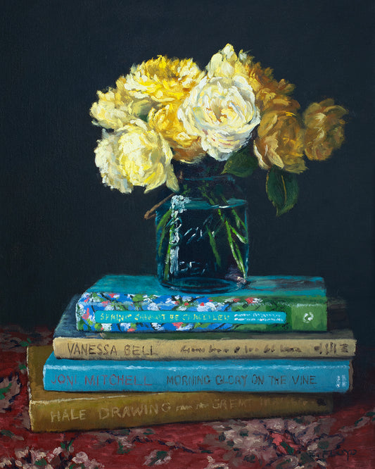 Yellow Roses on Stack of Books, framed oil painting, 20x16 inches