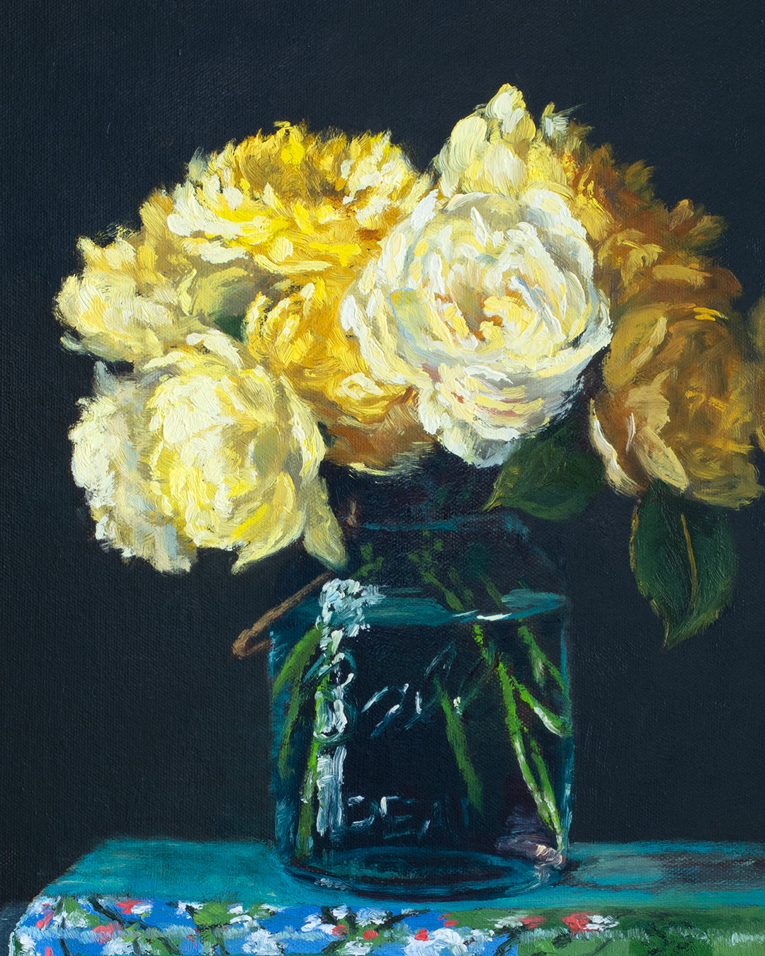 Yellow Roses on Stack of Books, framed oil painting, 20 x 16 inches