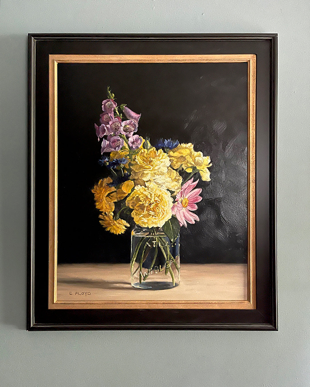 Mixed Bouquet with Foxglove and Roses, framed oil painting, 30x24 inches