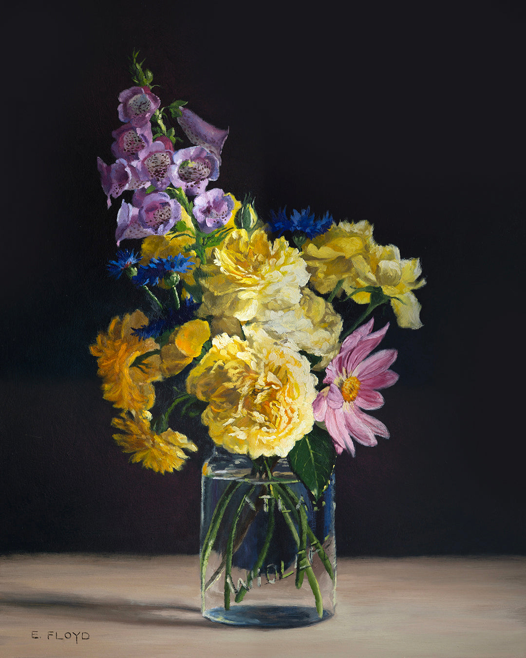 Mixed Bouquet with Foxglove and Roses, framed oil painting, 30x24 inches