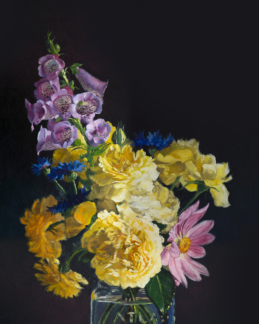 Mixed Bouquet with Foxglove and Roses, framed oil painting, 30x24 inches