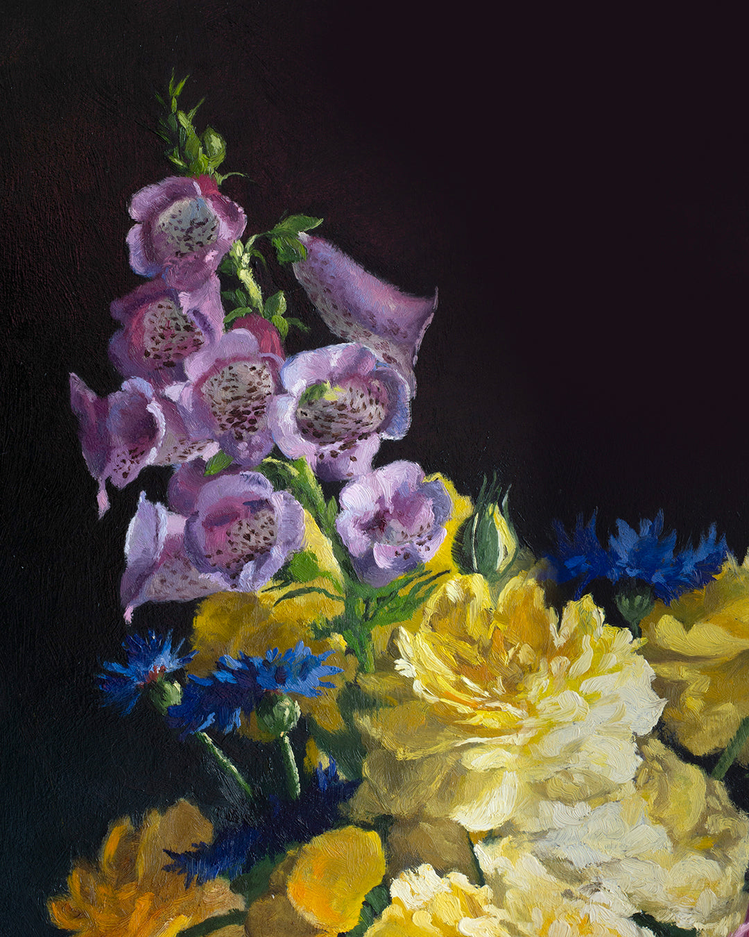 Mixed Bouquet with Foxglove and Roses, framed oil painting, 30x24 inches