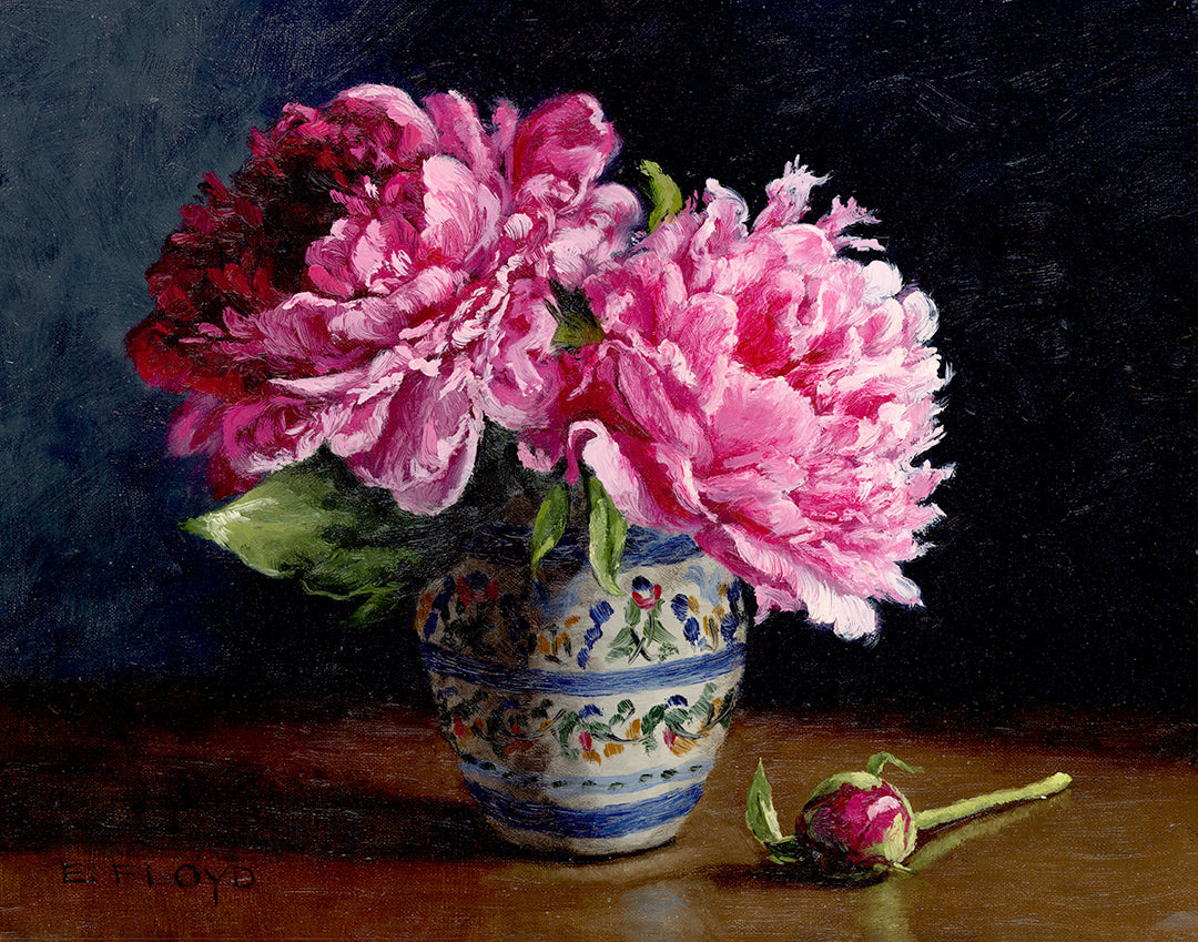 Two Peonies and a Bud, framed oil painting, 11 x 14 inches