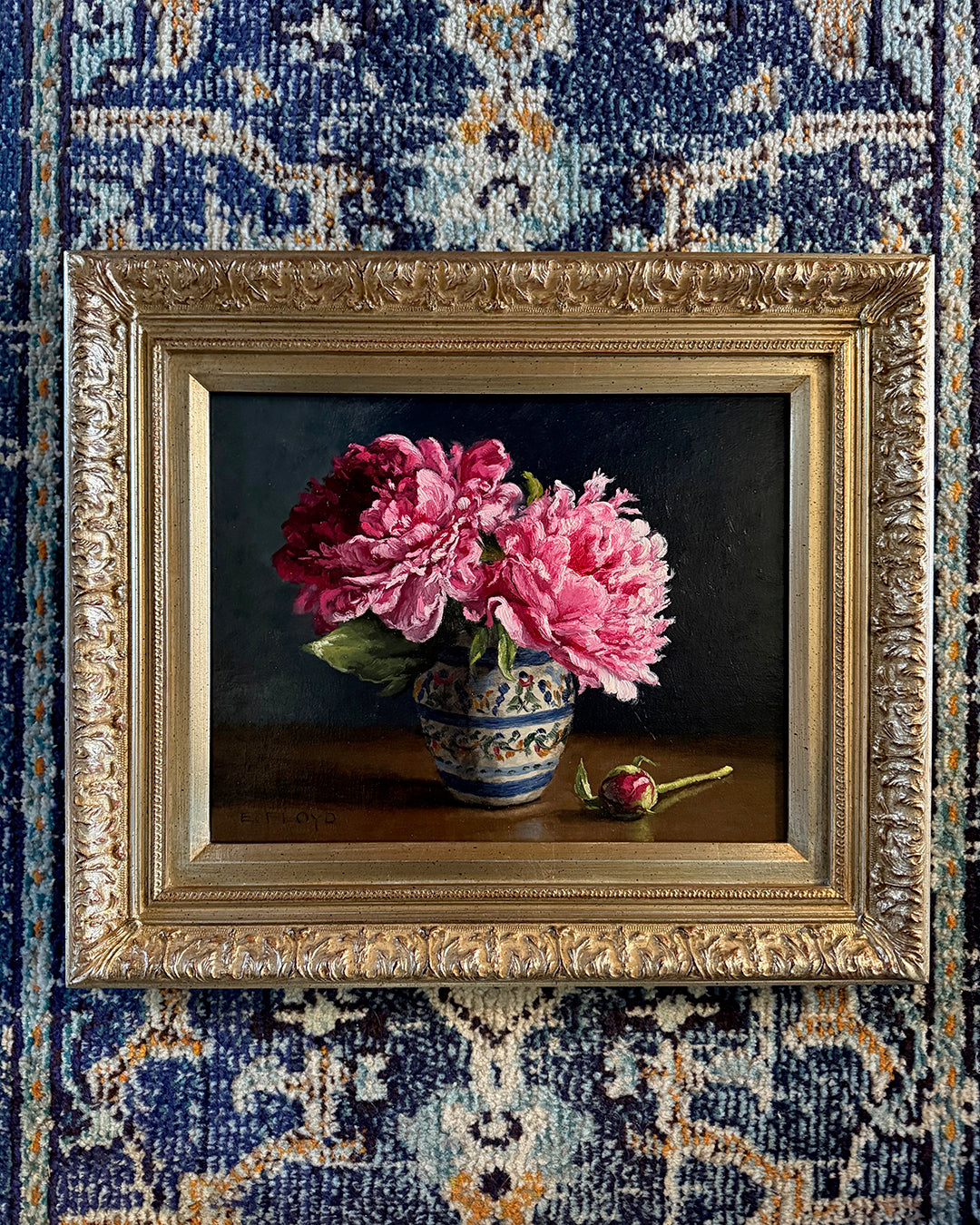 Two Peonies and a Bud, framed oil painting, 11 x 14 inches