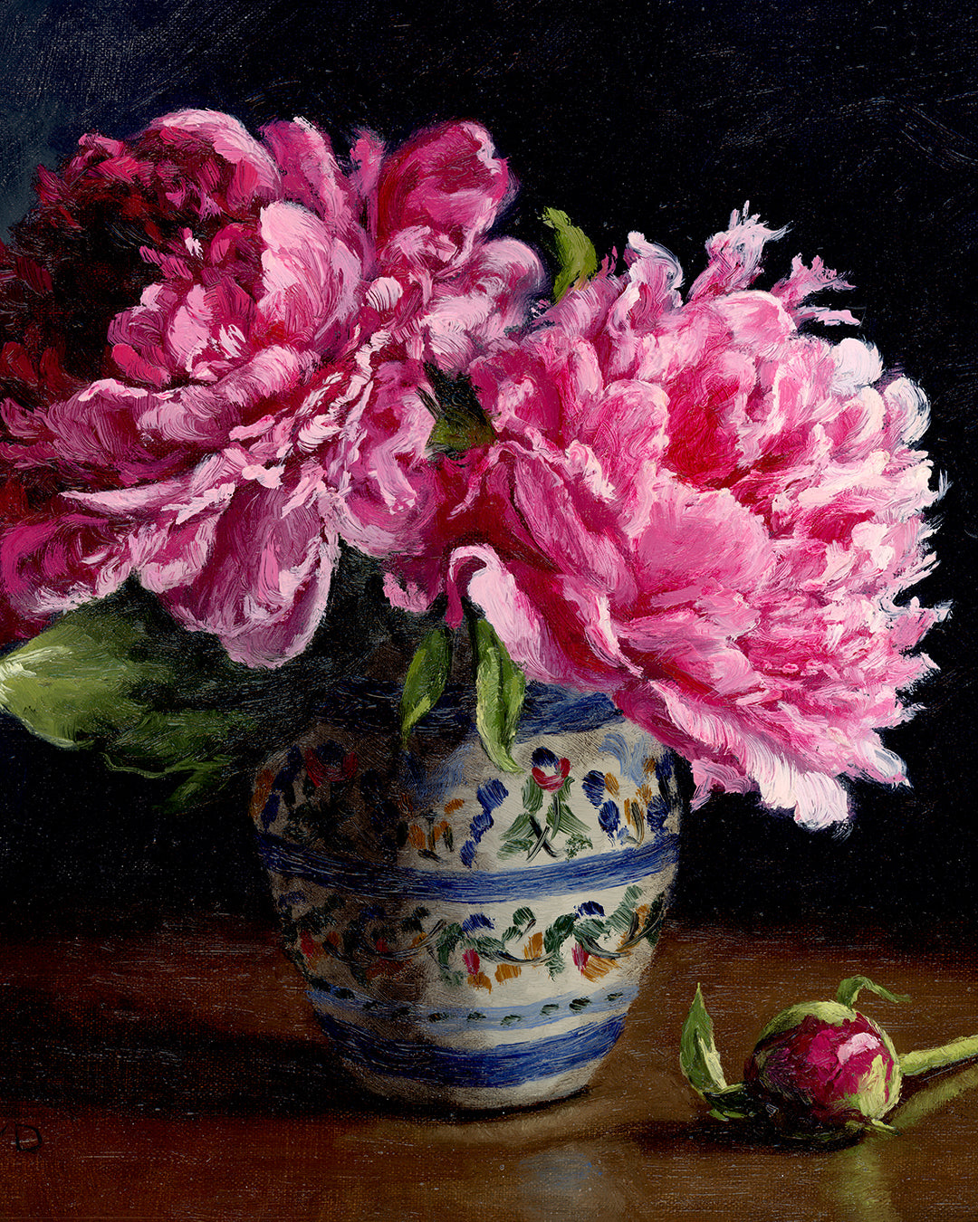 Two Peonies and a Bud, framed oil painting, 11 x 14 inches