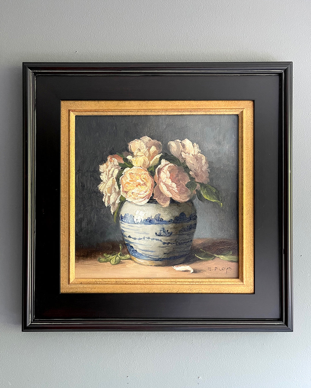 Crocus Roses in Ginger Jar, 12x12 inches, Framed Oil Painting