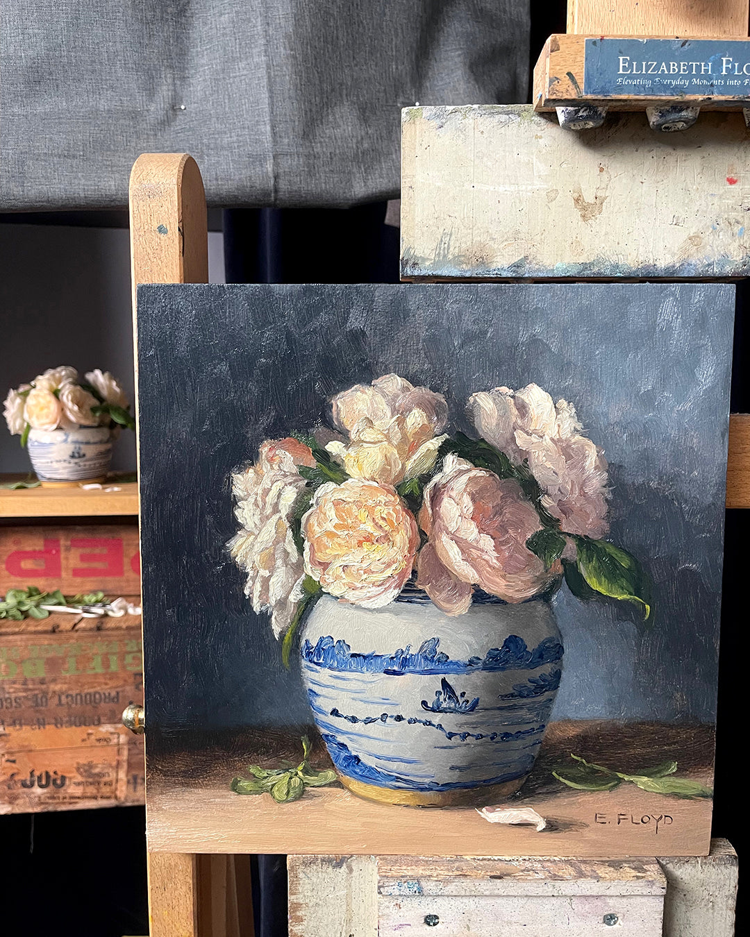 Crocus Roses in Ginger Jar, 12x12 inches, Framed Oil Painting