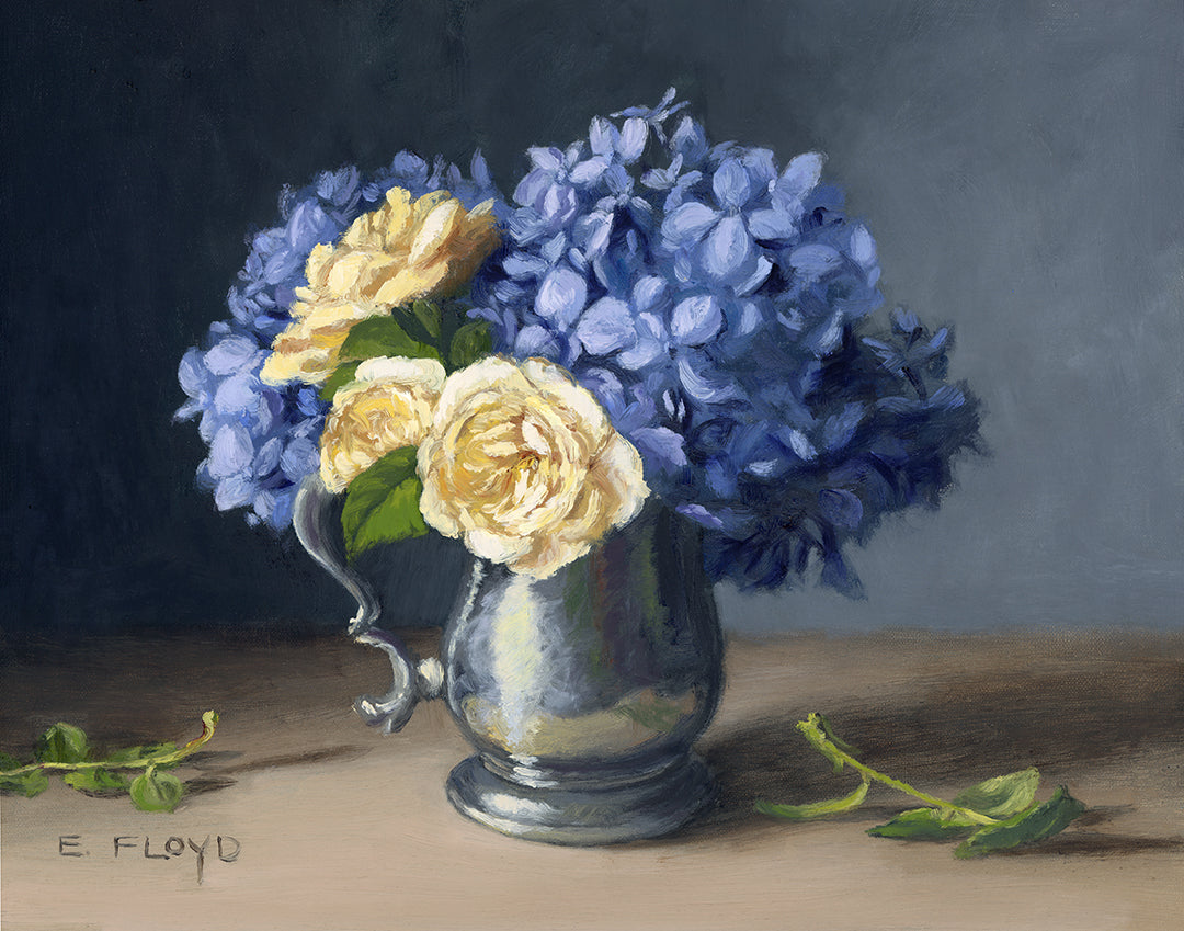 Hydrangeas and Roses, framed oil painting, 11 x 14 inches