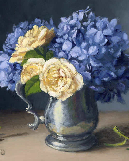 Hydrangeas and Roses, framed oil painting, 11 x 14 inches