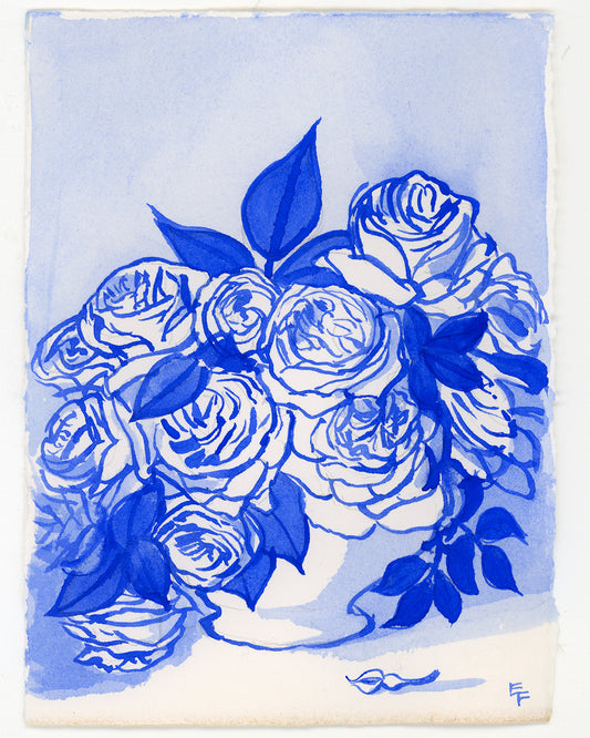 Beautiful Roses, Blue and White Watercolor, Unframed