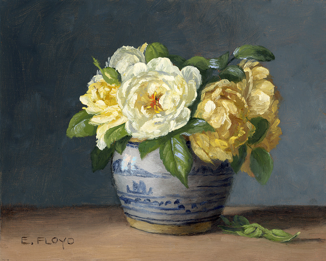 Pale Yellow Roses,  8x10 inches, Framed Oil Painting