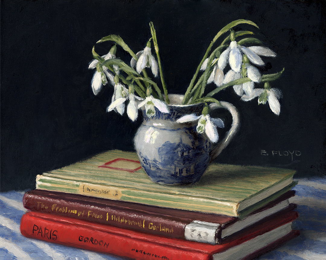 Snowdrops and Books, 11x14inches, Framed Oil Painting