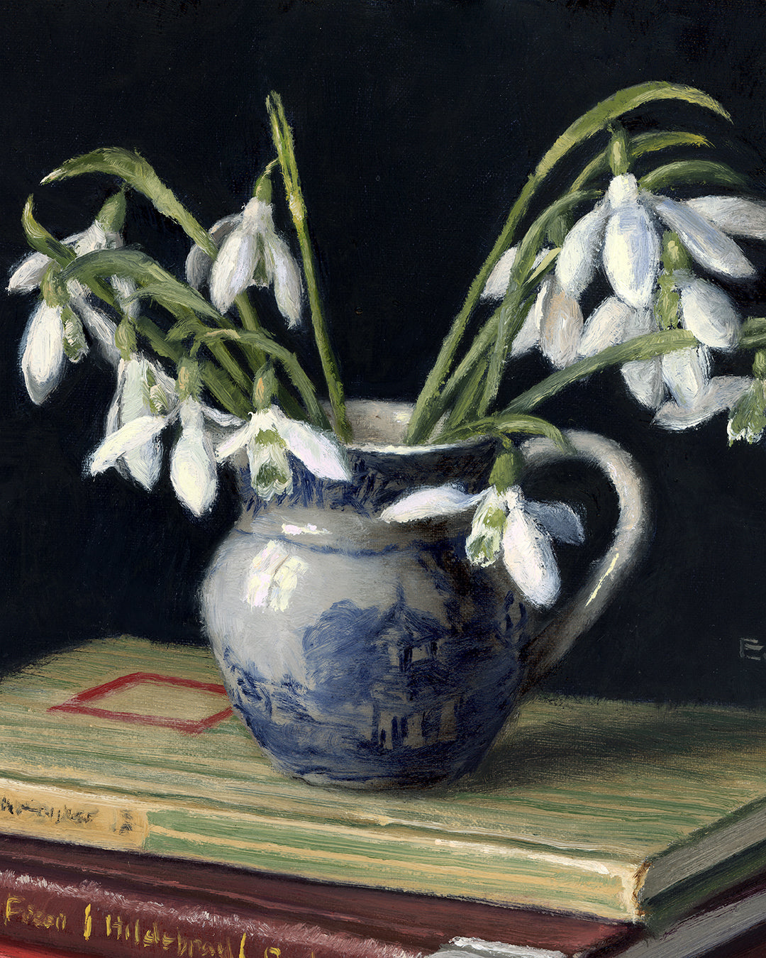 Snowdrops and Books, 11x14inches, Framed Oil Painting