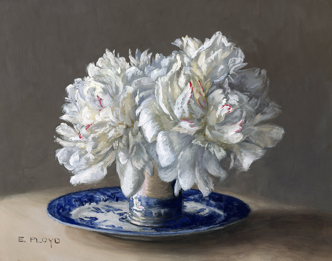 Peonies and Blue Willow, 11x14 inches, Framed Oil Painting