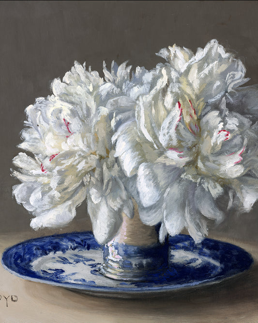 Peonies and Blue Willow, 11x14 inches, Framed Oil Painting