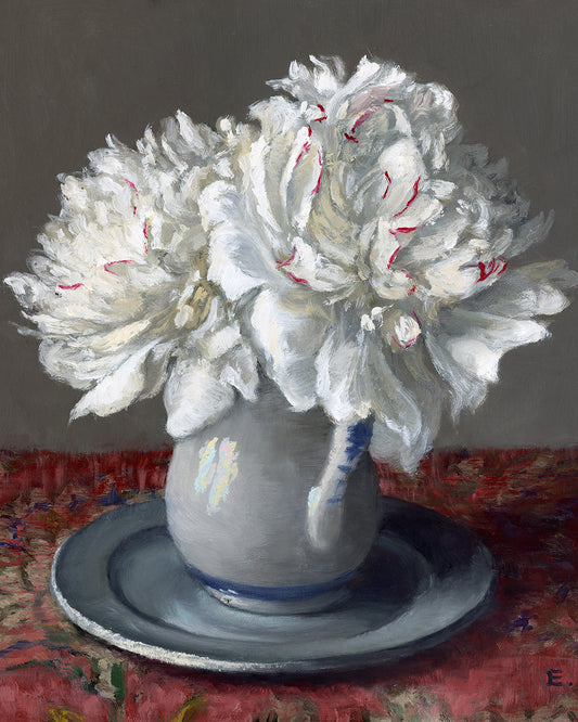 Peonies on a Pewter Plate, 11x14 inches, Framed Oil Painting