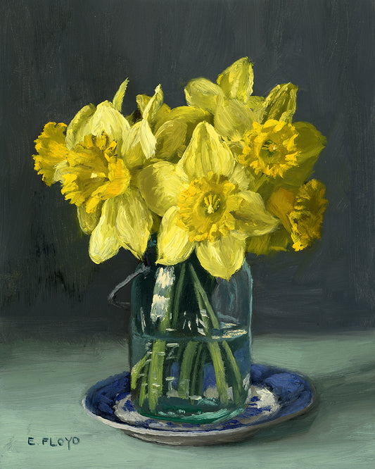 Daffodils on Blue Willow Plate, 10x8inches, Framed Oil Painting