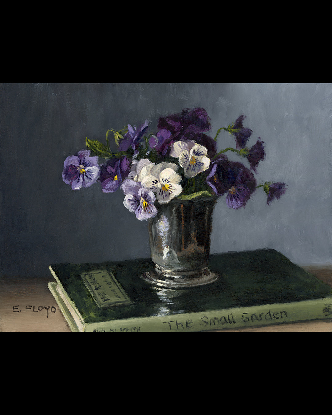 Pansies and Book, 9x12 inches, Framed Oil Painting
